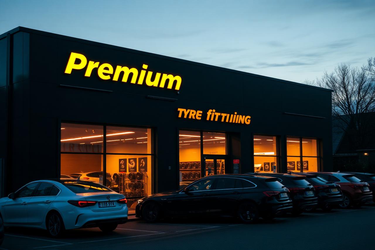 Tire Exist flagship fitting centre at dusk